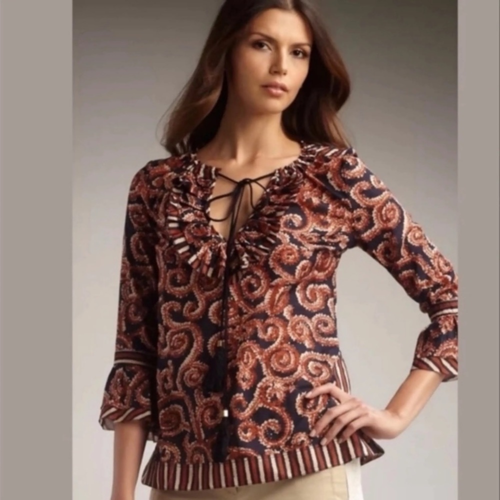 Tory Burch Gwenna Jacquard Ruffle Tunic in Blue, Rust and Taupe Women’s Size 8
